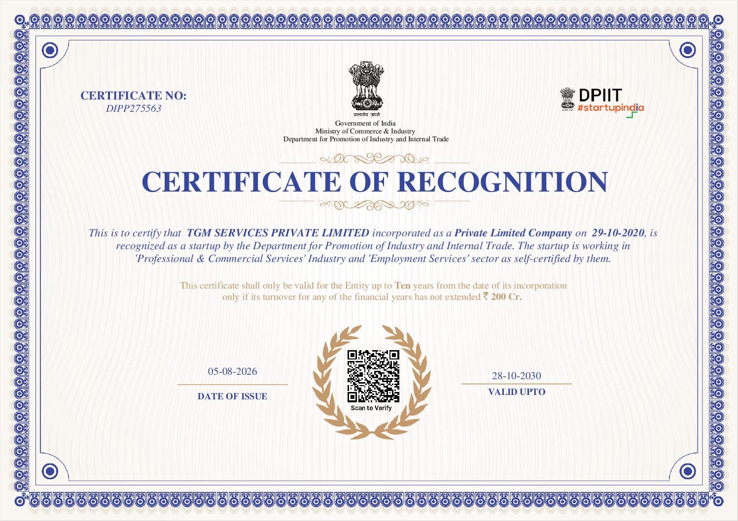 Recognised As A Startup By The Government Of India