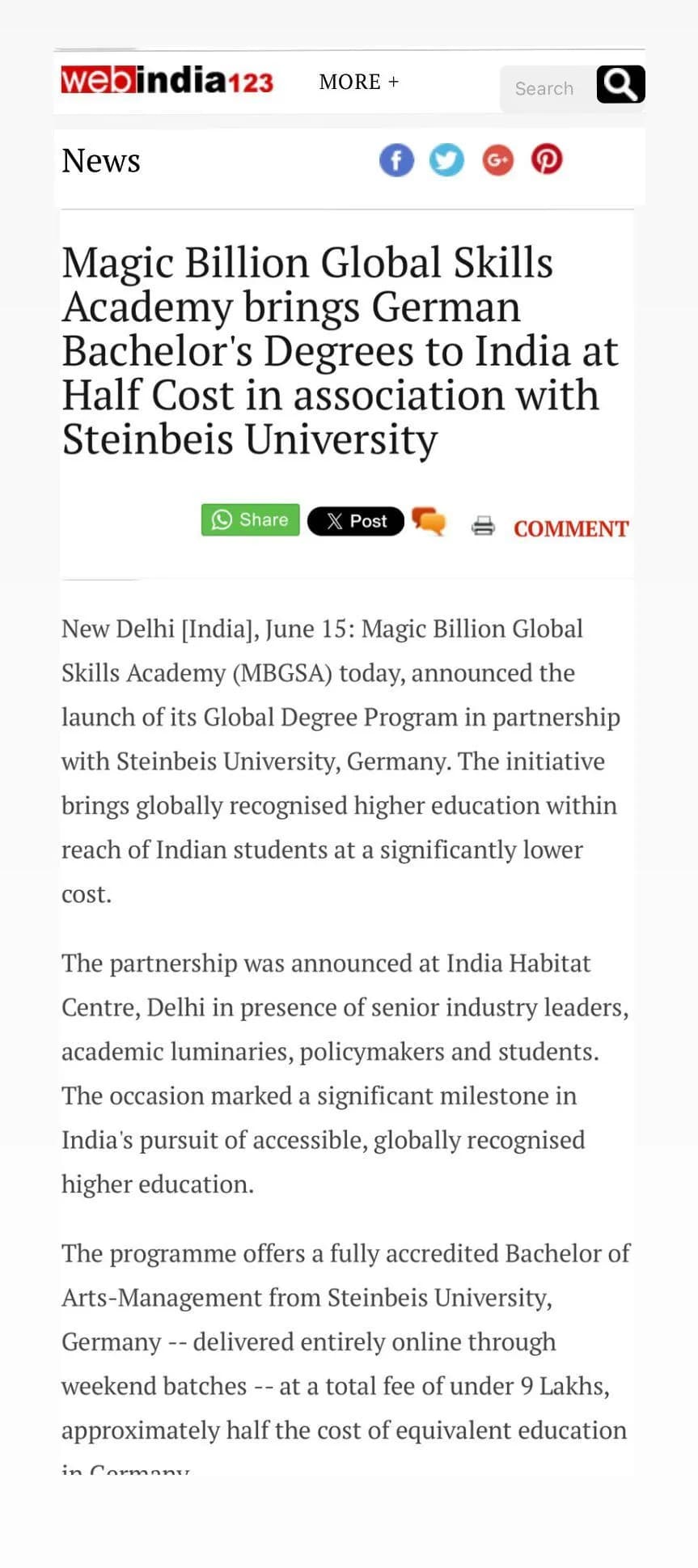Magic Billion Global Skills Academy brings German Bachelor’s Degrees to India at Half Cost in association with Steinbeis University