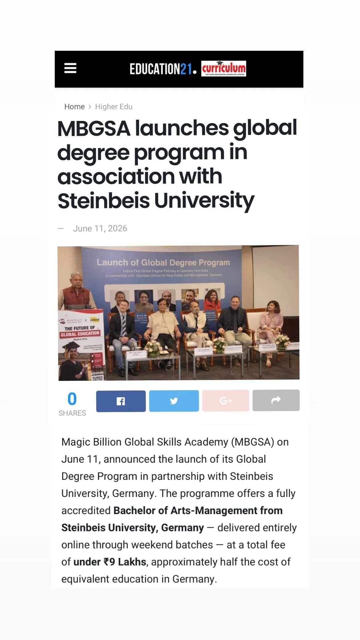 MBGSA launches global degree program in association with Steinbeis University